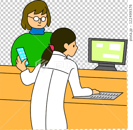 Illustration of a pharmacist prescribing medicine while checking the patient's medical history 122499376