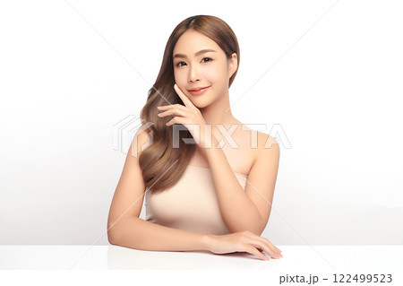 Beautiful young asian woman with clean fresh skin on white background, Face care, Facial treatment, Cosmetology, beauty and spa, Asian women portrait. 122499523