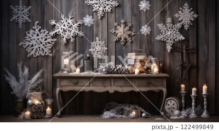Rustic Christmas scene featuring wooden decor 122499849