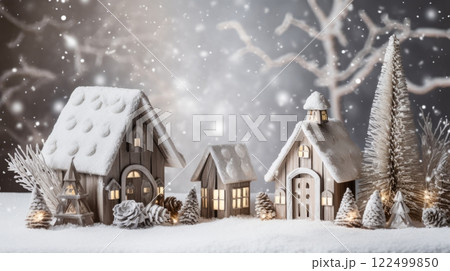 Rustic winter scene with wooden decorations and snow 122499850
