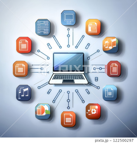 ノートパソコンといろいろなデータのイメージ素材 ノートパソコンといろいろなデータのイメージ素材 122500297