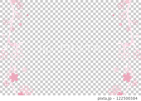 青みの薄いピンク色のかわいい桜の花と唐草のフレーム 122500384