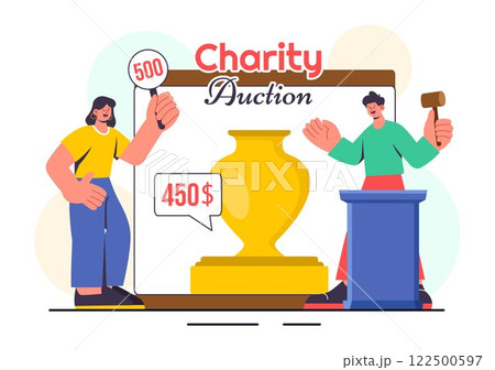 Charity Auction Vector Illustration featuring a Fundraising Event Where Valuable Items are Sold Through Bidding and Donations to Support Generosity 122500597
