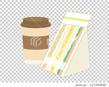 Illustration of a sandwich and takeaway coffee snack 122500686