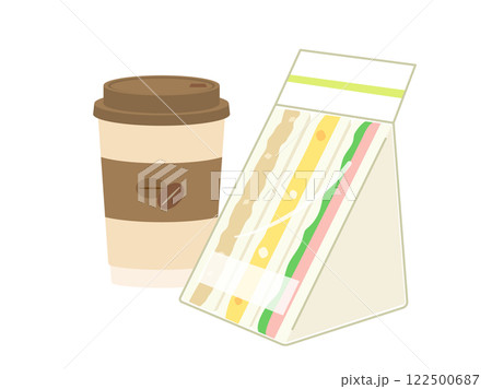サンドイッチとテイクアウトのコーヒーの軽食をイメージしたイラスト サンドイッチとテイクアウトのコーヒーの軽食をイメージしたイラスト 122500687