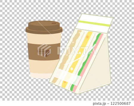 Illustration of a sandwich and takeaway coffee snack 122500687