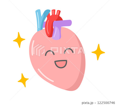 健康で元気な若い心臓のかわいい顔入りイラスト 122500746