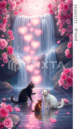 A Valentine-themed waterfall where glowing hearts cascade like water, surrounded by soft floral tones and two cats playing by the waters edge. A Valentine-themed waterfall where glowing hearts cascade like water, surrounded by soft floral tones and two cats playing by the waters edge. 122500934