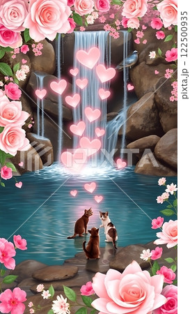 Heartfall: A Love Waterfall Scene. A Valentine-themed waterfall where glowing hearts cascade like water, surrounded by soft floral tones and two cats playing by the waters edge Heartfall: A Love Waterfall Scene. A Valentine-themed waterfall where glowing hearts cascade like water, surrounded by soft floral tones and two cats playing by the waters edge 122500935