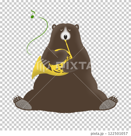 Hand-drawn illustration of a bear happily playing a horn 122501057