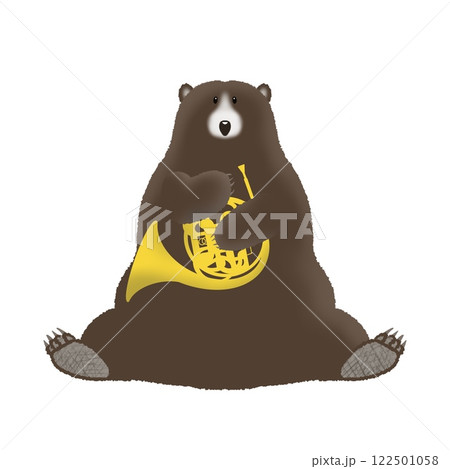 ホルンを持っているクマの手描きイラスト ホルンを持っているクマの手描きイラスト 122501058