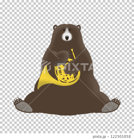 ホルンを持っているクマの手描きイラスト ホルンを持っているクマの手描きイラスト 122501058