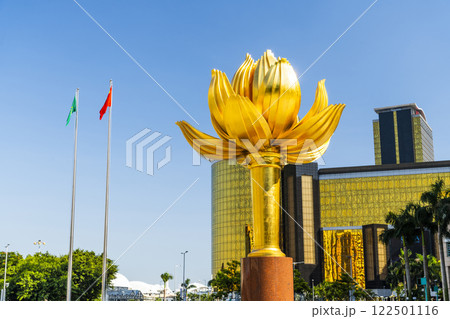 Close-up of the Lotus Flower in Full Bloom Statue, at Golden Lotus Square in Macau, China. 122501116