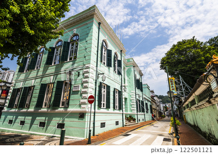 Building view of Coloane History Museum, a traditional Europe Style house at Taipa Village in Macau, China. Building view of Coloane History Museum, a traditional Europe Style house at Taipa Village in Macau, China. 122501121