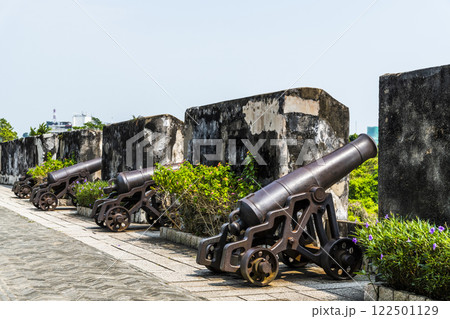 Replica cannon and defense wall of Mount Fortress, Fortaleza do Monte is located in Santo Antonio in Macau. The fort is one of the UNESCO World Heritage. 122501129