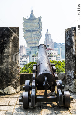 Replica cannon and defense wall of Mount Fortress, Fortaleza do Monte is located in Santo Antonio in Macau. The fort is one of the UNESCO World Heritage. 122501130
