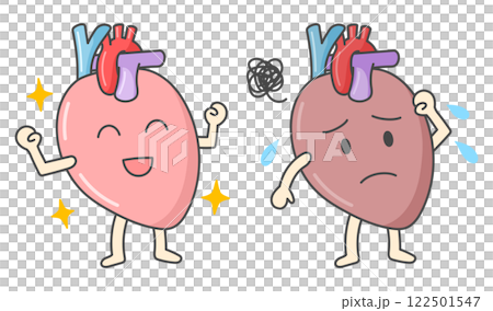 Comparison illustration of a healthy and diseased personified heart 122501547