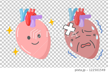 健康な心臓と老化した心臓のかわいい顔入り比較イラスト 122501549