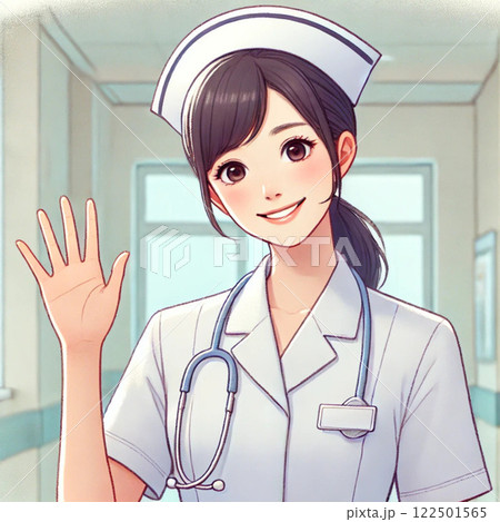 手を挙げて挨拶する看護師の可愛らしいイラスト「AI生成画像」 122501565