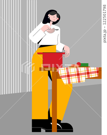 Modern woman cooking in her kitchen. Cartoon character. Vector illustration. Modern woman cooking in her kitchen. Cartoon character. Vector illustration. 122501798