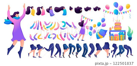 Constructor for creating a fun teen girl. Create your own character with a set of hands and feet. Flat 2D characters N8 122501837
