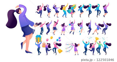 Set of a fun teen girl. Presentation in various in various poses and actions. 2D Flat character vector illustration N2 122501846