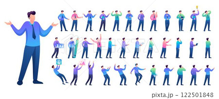 Set of Young Man. Presentation in various in various poses and actions. 2D Flat character vector illustration N4 122501848