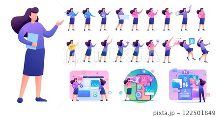 Set of Young Woman. Presentation in various in various poses and actions. 2D Flat character vector illustration N6 122501849