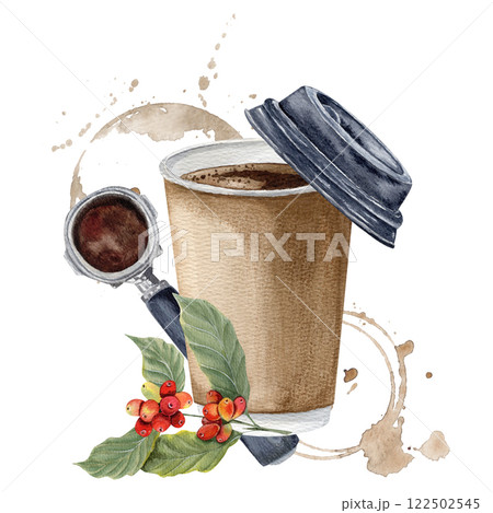 Watercolor composition of coffee branch with beans, paper cup of coffee, coffee holder in the back and coffee stains 122502545
