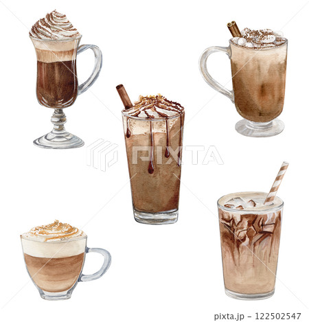 Watercolor set of hot coffee with marshmallows, iced coffee, Irish coffee with cream foam, mocha frappuccino with cinnamon, caramel topping, and cappiccino Watercolor set of hot coffee with marshmallows, iced coffee, Irish coffee with cream foam, mocha frappuccino with cinnamon, caramel topping, and cappiccino 122502547