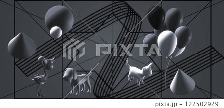 CG画像 2D図形と3D画像の組み合わせにライティング効果処理モノクロ 122502929