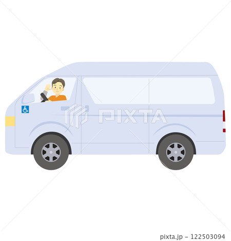 訪問看護サービスの自宅送迎途中の福祉車両から手を振る運転手(車椅子マーク付き)男性_治療_医療 訪問看護サービスの自宅送迎途中の福祉車両から手を振る運転手(車椅子マーク付き)男性_治療_医療 122503094