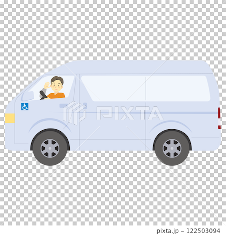 A driver waving from a welfare vehicle on the way to and from a home nursing service (with wheelchair mark) Male _ Treatment _ Medical 122503094