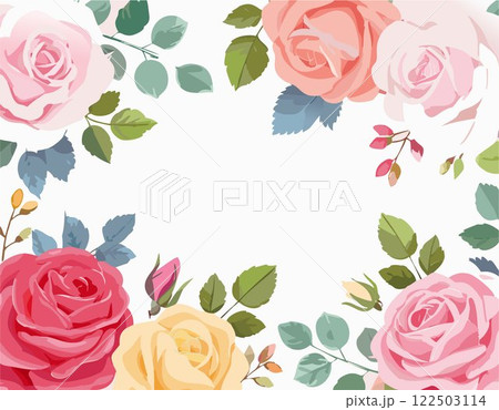 Rose on white background. Flower rose, green leaves. Poster, greeting card concept with flowers. Vector illustration Rose on white background. Flower rose, green leaves. Poster, greeting card concept with flowers. Vector illustration 122503114