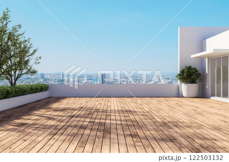 Modern contemporary empty wooden terrace with city view background 3d render 122503132