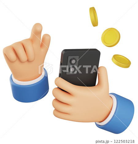 hand holding a mobile phone and a coin 3D graphic 122503218