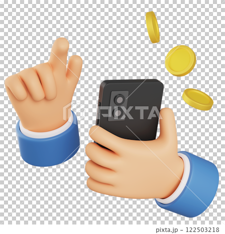 hand holding a mobile phone and a coin 3D graphic 122503218