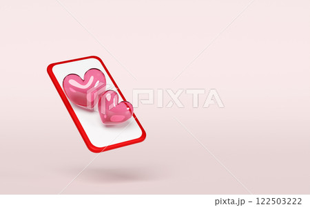 3d mobile phone with red double heart isolated on pink background. Happy valentine's day concept, 3d illustration render 122503222