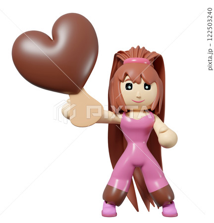 Woman holding heart-shaped chocolate ice cream stick isolated. Happy valentine's day concept, 3d illustration render 122503240