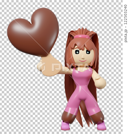 Woman holding heart-shaped chocolate ice cream stick isolated. Happy valentine's day concept, 3d illustration render 122503240