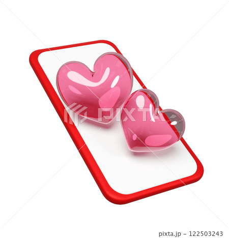3d mobile phone with red double heart isolated. Happy valentine's day concept, 3d illustration render 3d mobile phone with red double heart isolated. Happy valentine's day concept, 3d illustration render 122503243