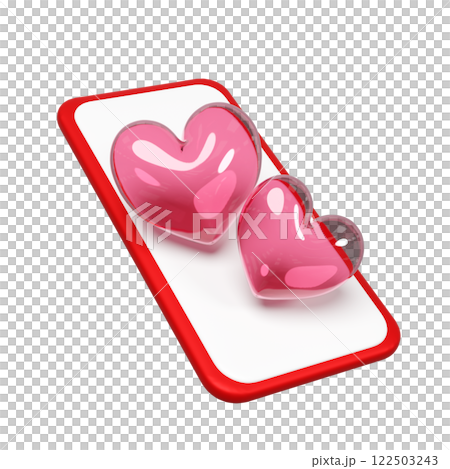 3d mobile phone with red double heart isolated. Happy valentine's day concept, 3d illustration render 3d mobile phone with red double heart isolated. Happy valentine's day concept, 3d illustration render 122503243
