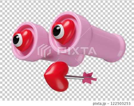 binoculars with heart shaped eyes, arrows isolated. Happy valentine's day concept, 3d illustration render 122503253