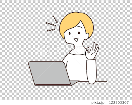 ノートパソコンを操作してOKサインをする女性　イラスト素材 122503307