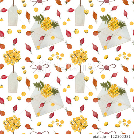 Blue tansy yellow flowers, rose hips and an open envelope watercolor seamless pattern isolated on white. Hand painted image great for textile, herbal production, packages decor, wrapping paper Blue tansy yellow flowers, rose hips and an open envelope watercolor seamless pattern isolated on white. Hand painted image great for textile, herbal production, packages decor, wrapping paper 122503381