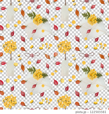 Blue tansy yellow flowers, rose hips and an open envelope watercolor seamless pattern isolated on white. Hand painted image great for textile, herbal production, packages decor, wrapping paper Blue tansy yellow flowers, rose hips and an open envelope watercolor seamless pattern isolated on white. Hand painted image great for textile, herbal production, packages decor, wrapping paper 122503381