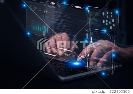 Hands typing on laptop with programming code on screen, software development. coding, IT solutions, digital technology, web applications javascript on virtual screen, internet of things IoT 122503509