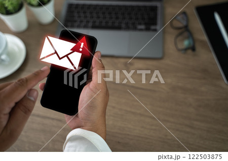 men using smartphones warning alert, email hack SMS spam, fake text message phishing 122503875