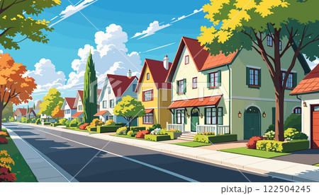 Colorful Suburban Street with Autumn Trees Colorful Suburban Street with Autumn Trees 122504245