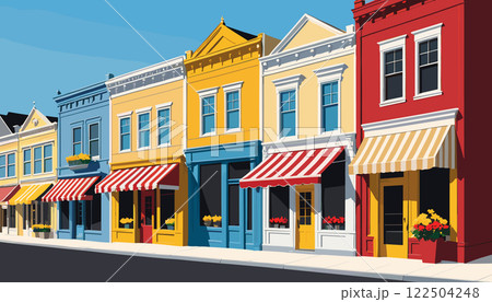 Charming Small Town Street with Colorful Storefronts 122504248
